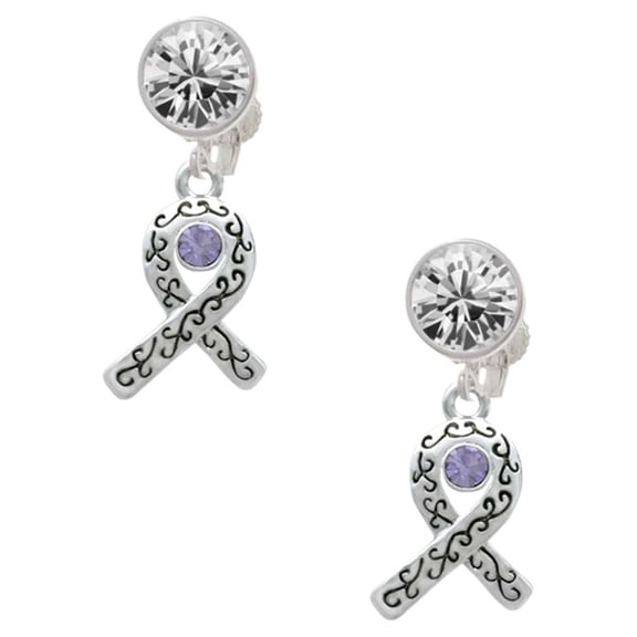 Silvertone Scroll Ribbon with Lavender Crystal Clear Crystal Clip On Earrings