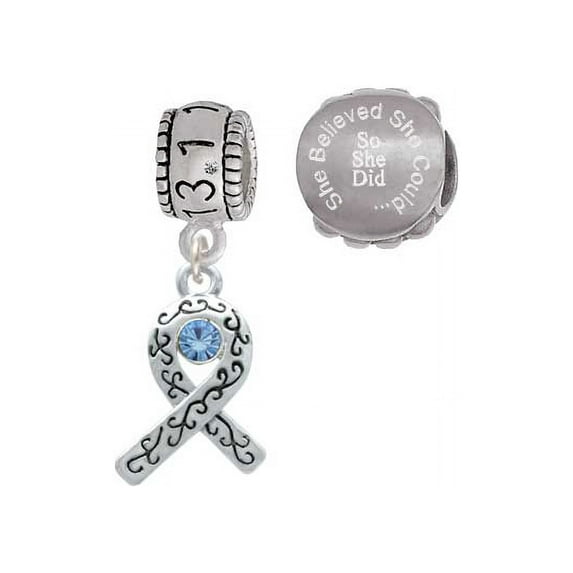 Silvertone Scroll Ribbon with Light Blue Crystal 13.1 Half Marathon Run She Believed She Could Charm Beads (Set of 2)