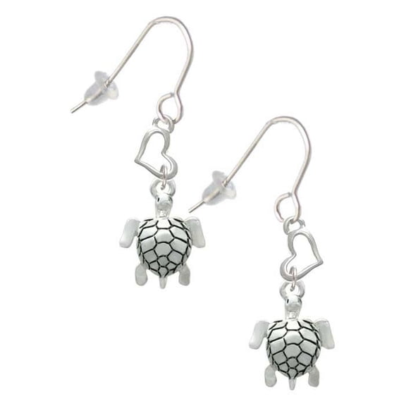 Silvertone Sea Turtle Heart French Earrings