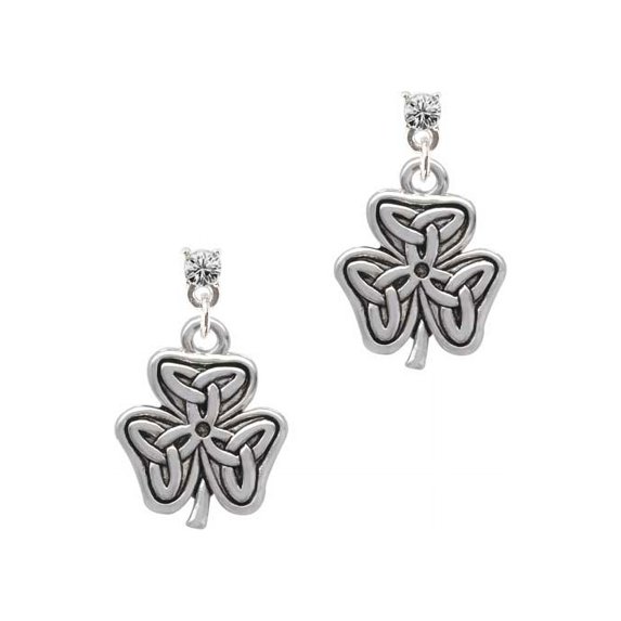 Silvertone Shamrock with Celtic Knot Clear Crystal Post Earrings