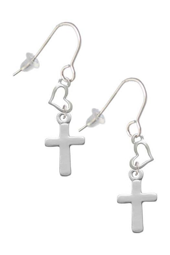 Silvertone Simple Plain Small Cross Heart French Earrings