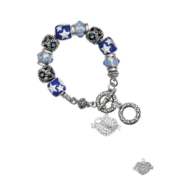 Silvertone Sister Banner on Clear Crystal Heart Blue Moon Bead Charm Bracelet