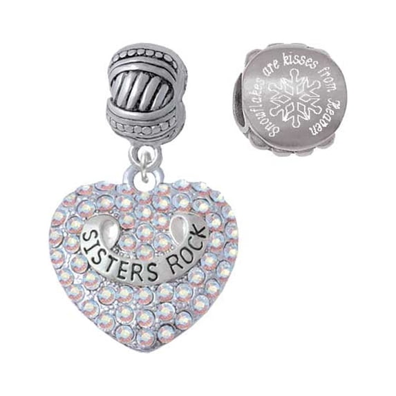 Silvertone Sisters Rock on AB Crystal Heart Snowflakes are Kisses from Heaven Charm Beads (Set of 2)