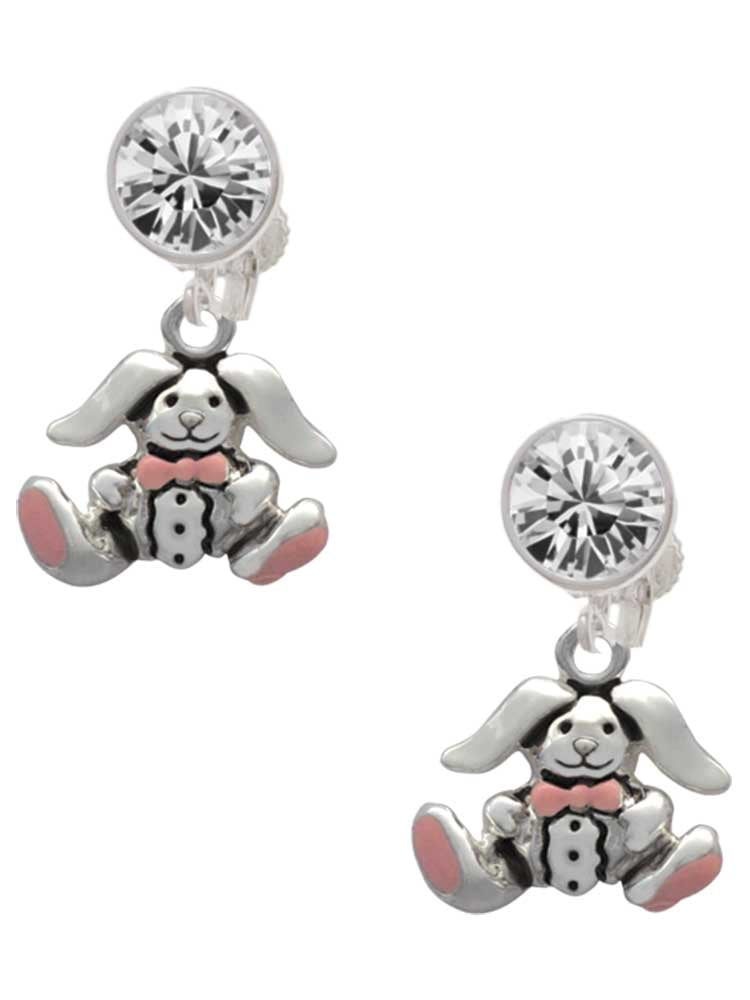 Silvertone Sitting Bunny with Easter Egg Clear Crystal Clip On Earrings