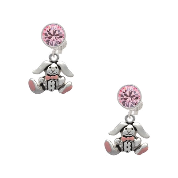 Delight Jewelry Silvertone Sitting Bunny with Easter Egg Pink Crystal Clip on Earrings