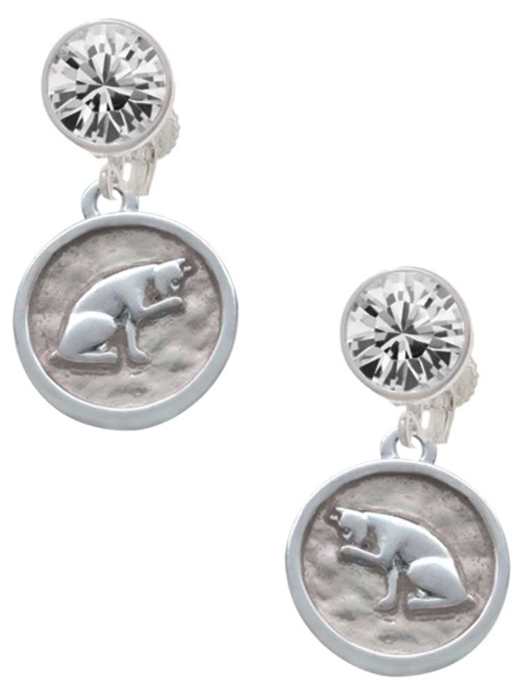 Silvertone Sitting Cat - Round Seal Clear Crystal Clip On Earrings
