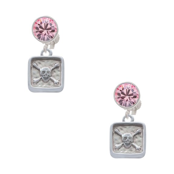 Delight Jewelry Silvertone Skull and Bones - Square Seal Pink Crystal Clip on Earrings