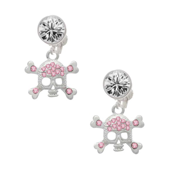 Silvertone Skull and Crossbones with Pink Crystals Clear Crystal Clip On Earrings