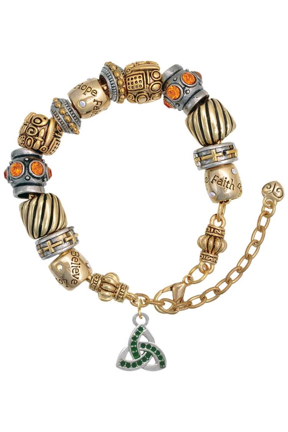 Silvertone Small 2-D Green Trinity Knot Two Tone Christian Bead Bracelet