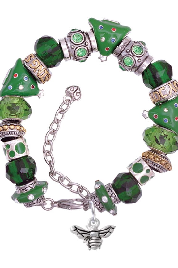 Silvertone Small 3-D Bee Green Christmas Bead Bracelet