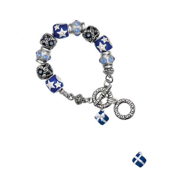 Silvertone Small 3-D Blue Present Box with Bow Blue Moon Bead Charm Bracelet