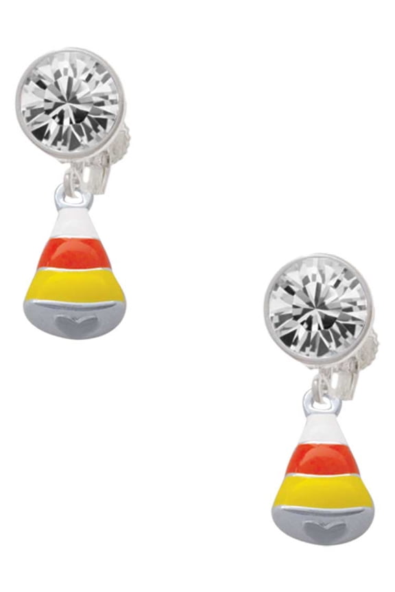 Silvertone Small 3-D Enamel Candy Corn Clear Crystal Clip On Earrings