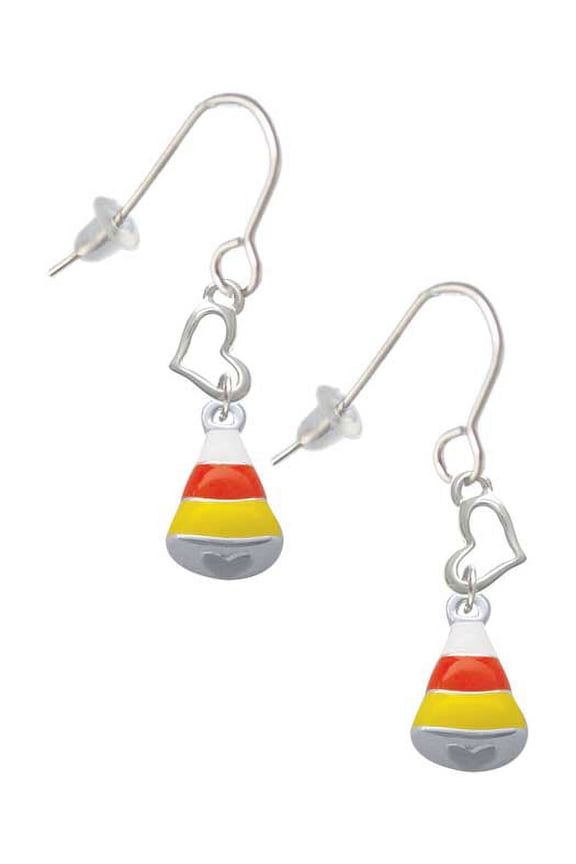 Silvertone Small 3-D Enamel Candy Corn Heart French Earrings
