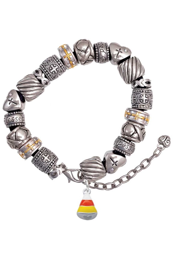 Silvertone Small 3-D Enamel Candy Corn Silver Tone Christian Bead Bracelet