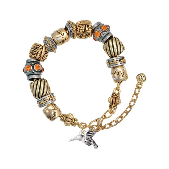 Silvertone Small 3-D Hummingbird Two Tone Christian Bead Bracelet