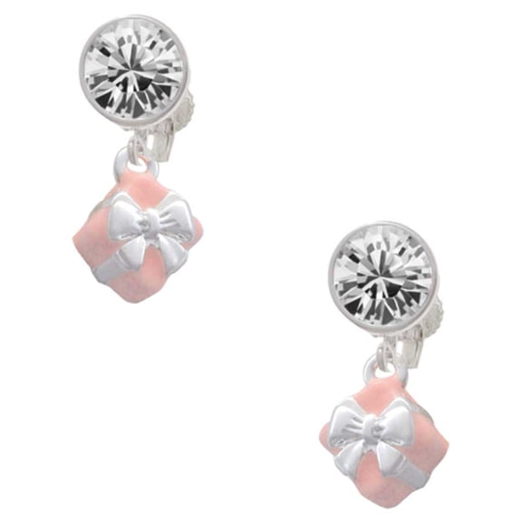 Silvertone Small 3-D Pink Present Box with Bow Clear Crystal Clip On Earrings