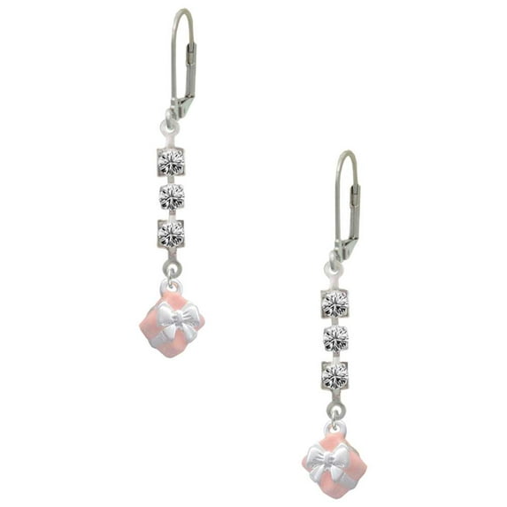 Silvertone Small 3-D Pink Present Box with Bow Crystal Madison Leverback Earrings