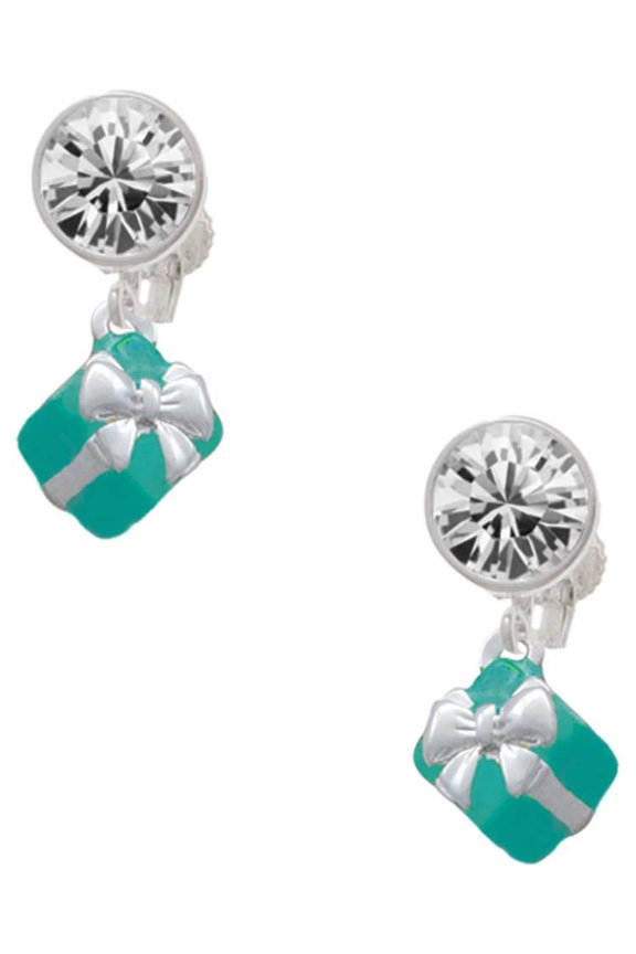 Silvertone Small 3-D Teal Present with Bow Clear Crystal Clip On Earrings