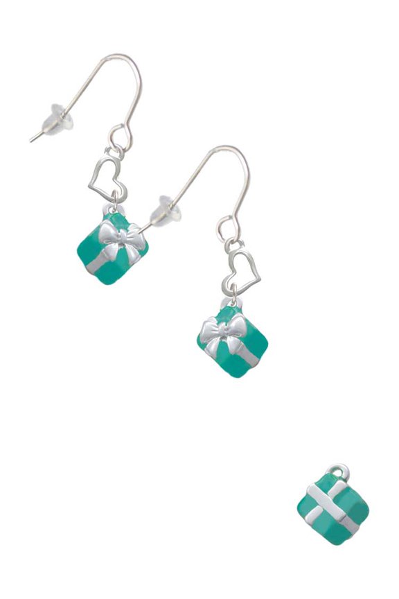 Silvertone Small 3-D Teal Present with Bow Heart French Earrings