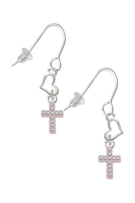 Silvertone Small AB Crystal Cross Heart French Earrings