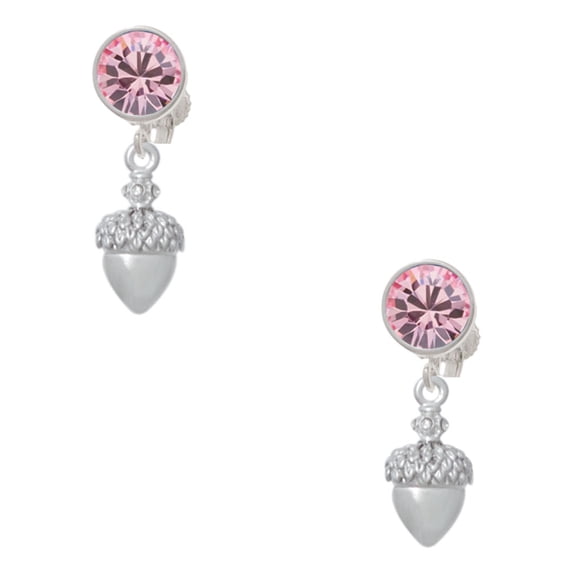 Delight Jewelry Silvertone Small Acorn with Crystals Pink Crystal Clip on Earrings