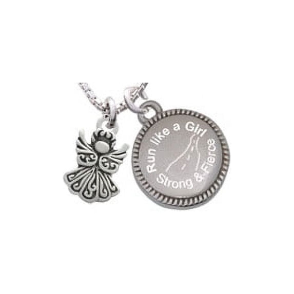 Silvertone Small Angel Run Like a Girl - Strong and Fierce Engraved Necklace