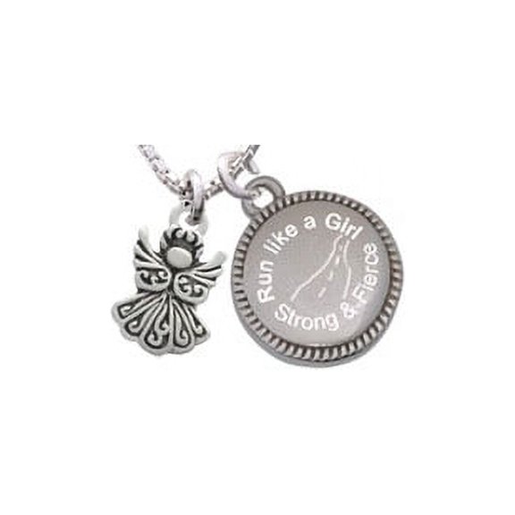 Silvertone Small Angel Run Like a Girl - Strong and Fierce Engraved Necklace