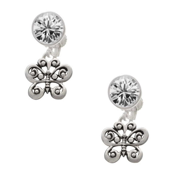 Silvertone Small Antiqued Butterfly Clear Crystal Clip On Earrings