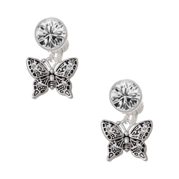 Silvertone Small Antiqued Crystal Butterfly Clear Crystal Clip On Earrings
