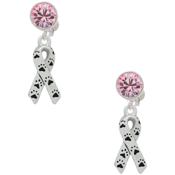 Delight Jewelry Silvertone Small Antiqued Ribbon with Paws Pink Crystal Clip on Earrings
