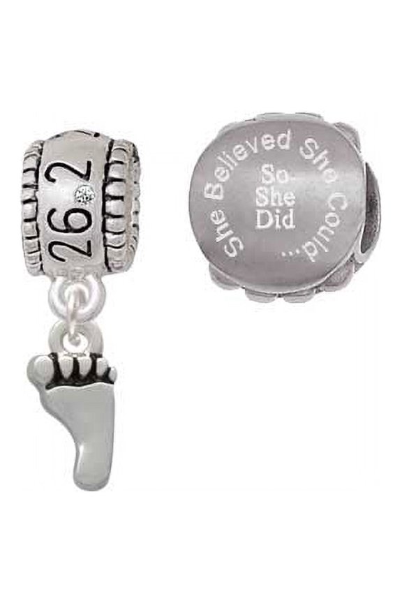 Silvertone Small Bare Feet 26.2 Marathon Run She Believed She Could Charm Beads (Set of 2)