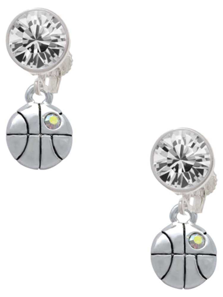Silvertone Small Basketball with a AB Crystal Clear Crystal Clip On Earrings