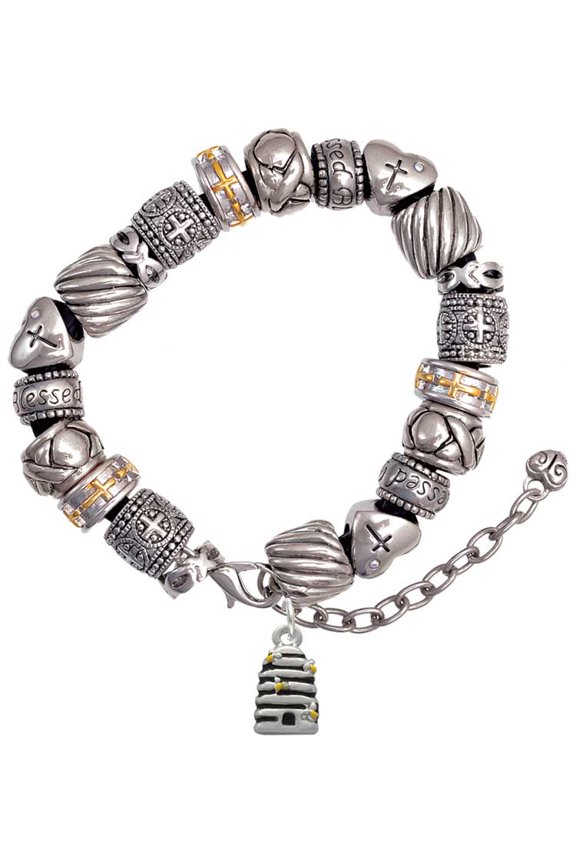 Silvertone Small Beehive with 4 Bees Silver Tone Christian Bead Bracelet