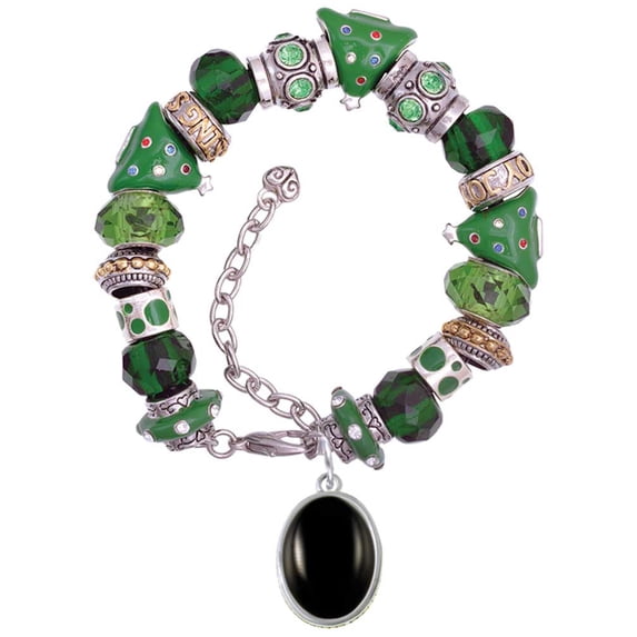 Silvertone Small Black Acrylic Oval Green Christmas Bead Bracelet