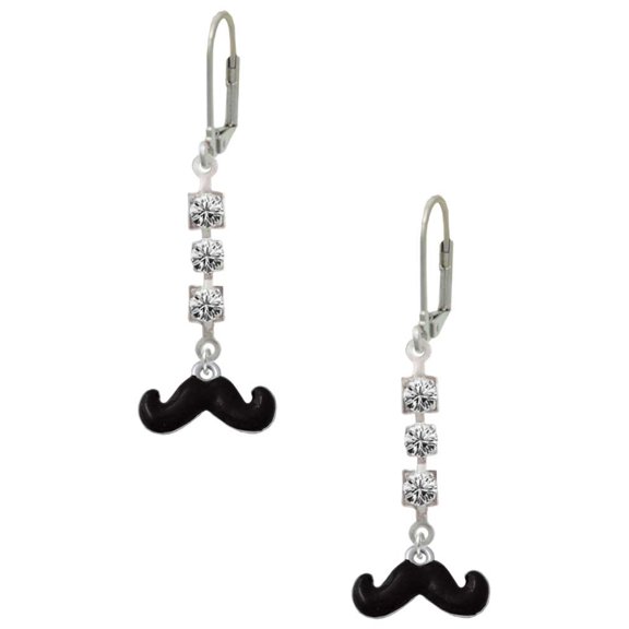 Silvertone Small Black Enamel Mustache Crystal Madison Leverback Earrings