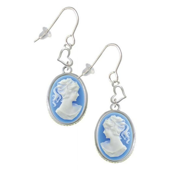 Silvertone Small Blue Oval Cameo Heart French Earrings