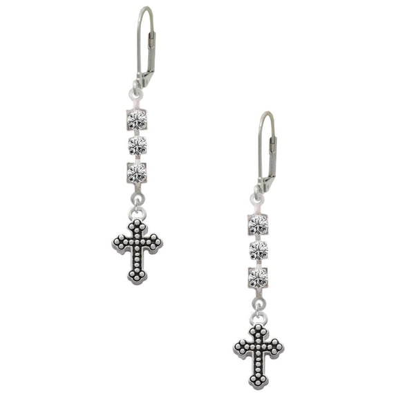 Silvertone Small Botonee Cross with Beaded Decoration Crystal Madison Leverback Earrings