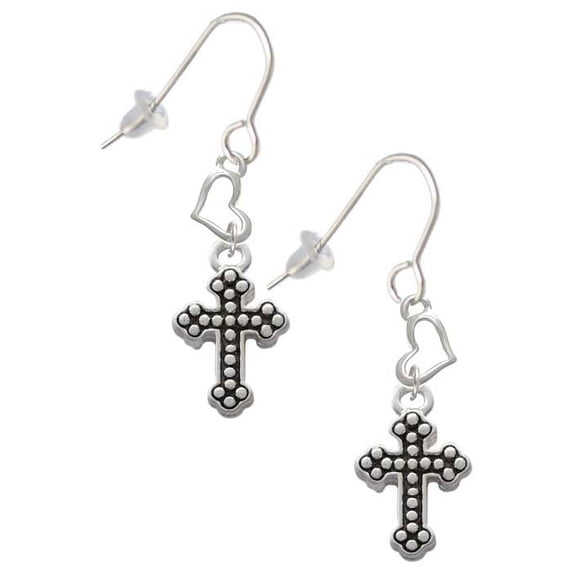 Silvertone Small Botonee Cross with Beaded Decoration Heart French Earrings