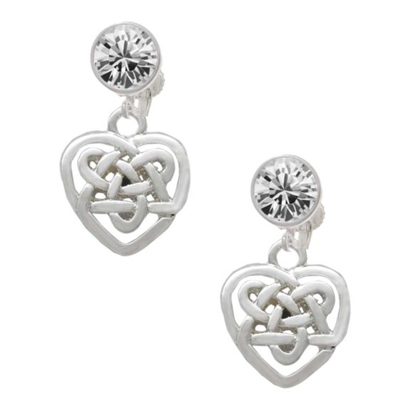 Silvertone Small Celtic Heart Knot Clear Crystal Clip On Earrings