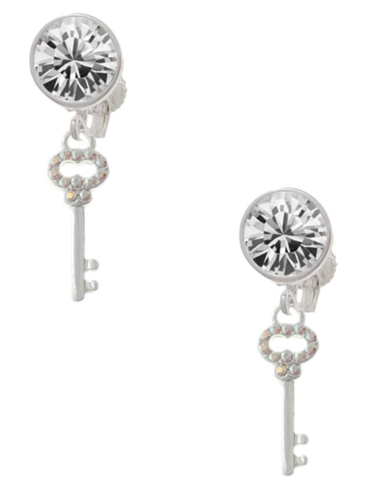 Silvertone Small Clear AB Crystals Oval Key Clear Crystal Clip On Earrings