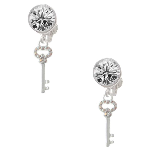 Silvertone Small Clear AB Crystals Oval Key Clear Crystal Clip On Earrings