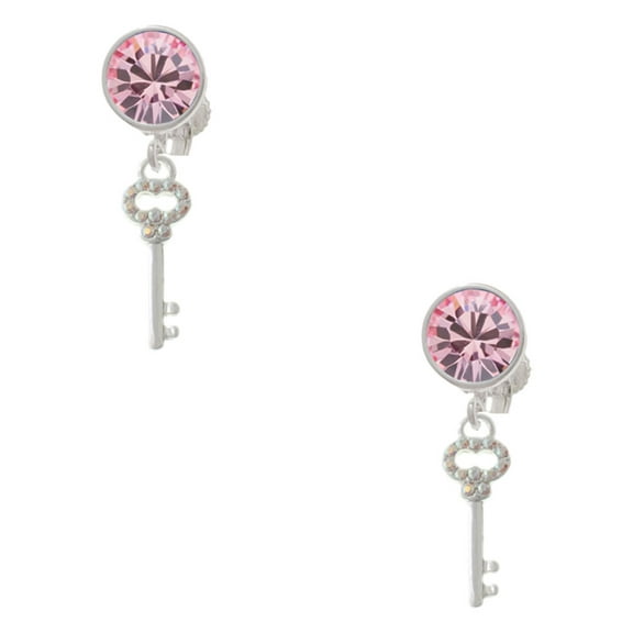 Delight Jewelry Silvertone Small Clear AB Crystals Oval Key Pink Crystal Clip on Earrings