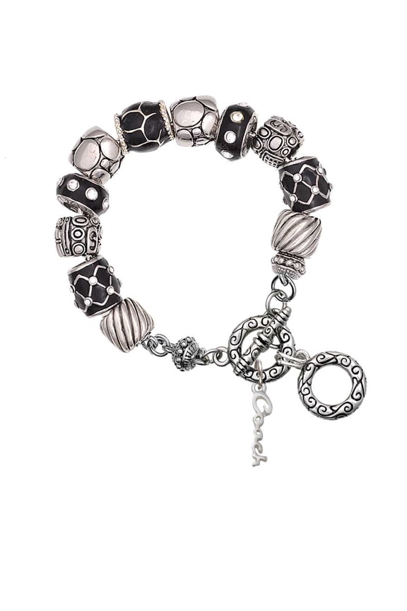 Silvertone Small Coach Script Black Pebble Bead Charm Bracelet
