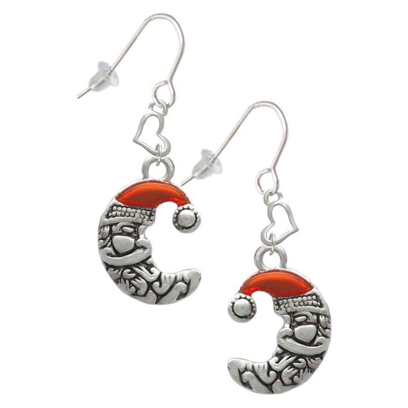Silvertone Small Crescent Moon Santa Heart French Earrings