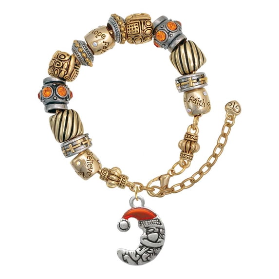 Silvertone Small Crescent Moon Santa Two Tone Christian Bead Bracelet