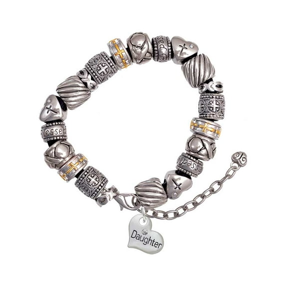 Silvertone Small ''Daughter'' Heart with Clear Crystal Silver Tone Christian Bead Bracelet