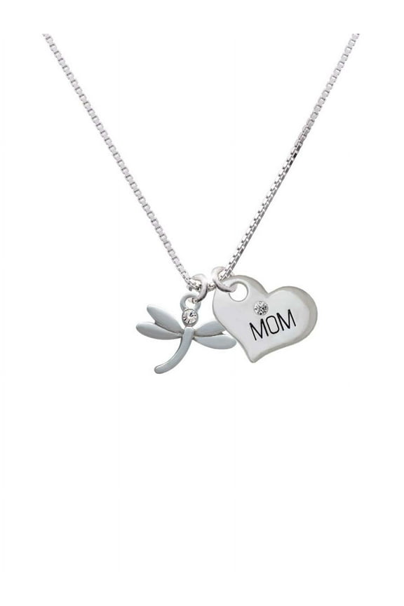 Silvertone Small Dragonfly with Crystal Mom Heart Necklace