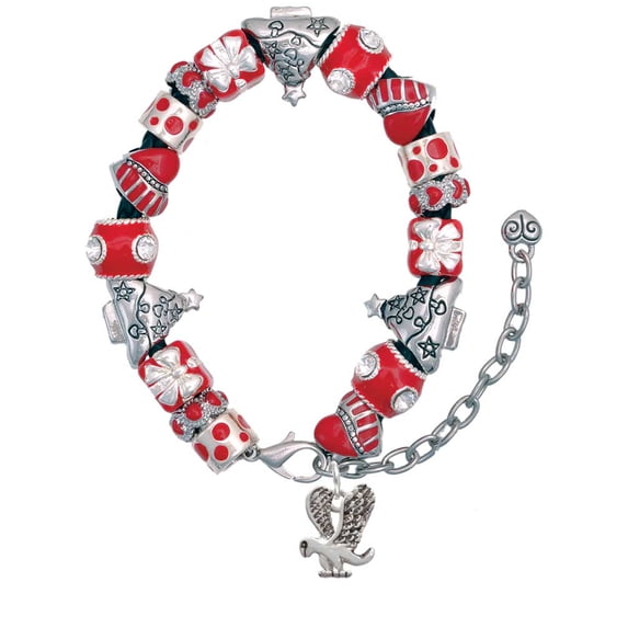 Silvertone Small Eagle - Mascot Red Christmas Bead Bracelet