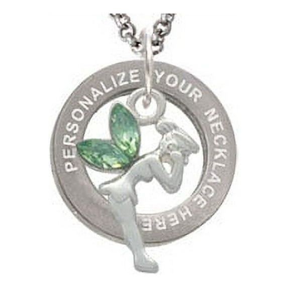 Silvertone Small Fairy with Lime Green Wings Custom Engraved Affirmation Ring Necklace