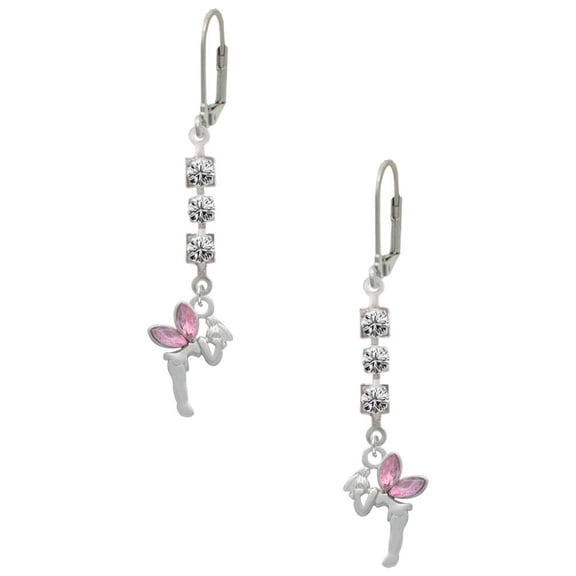 Silvertone Small Fairy with Pink Wings Crystal Madison Leverback Earrings